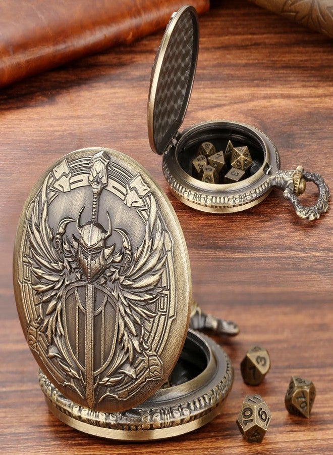 Keller & Weber Mini DND Dice Set with Steampunk Paladin Pocket Watch Shell Case, DND Starter Set, 7pcs Polyhedral Mini Metal Dice Set, D&D Gifts with Gift Box, Role Playing Board Game Accessories,Bronze - Image 3
